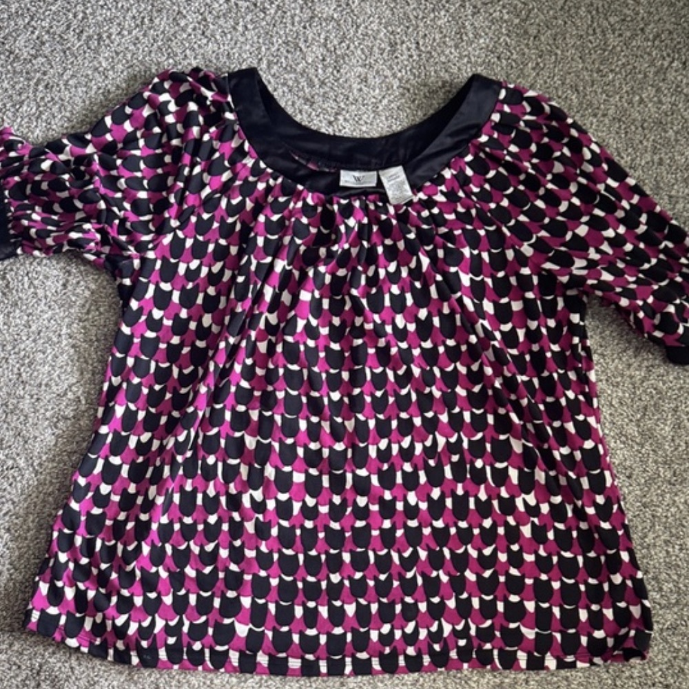 Girls' Patterned Puff-Sleeve Top - Black & Magenta